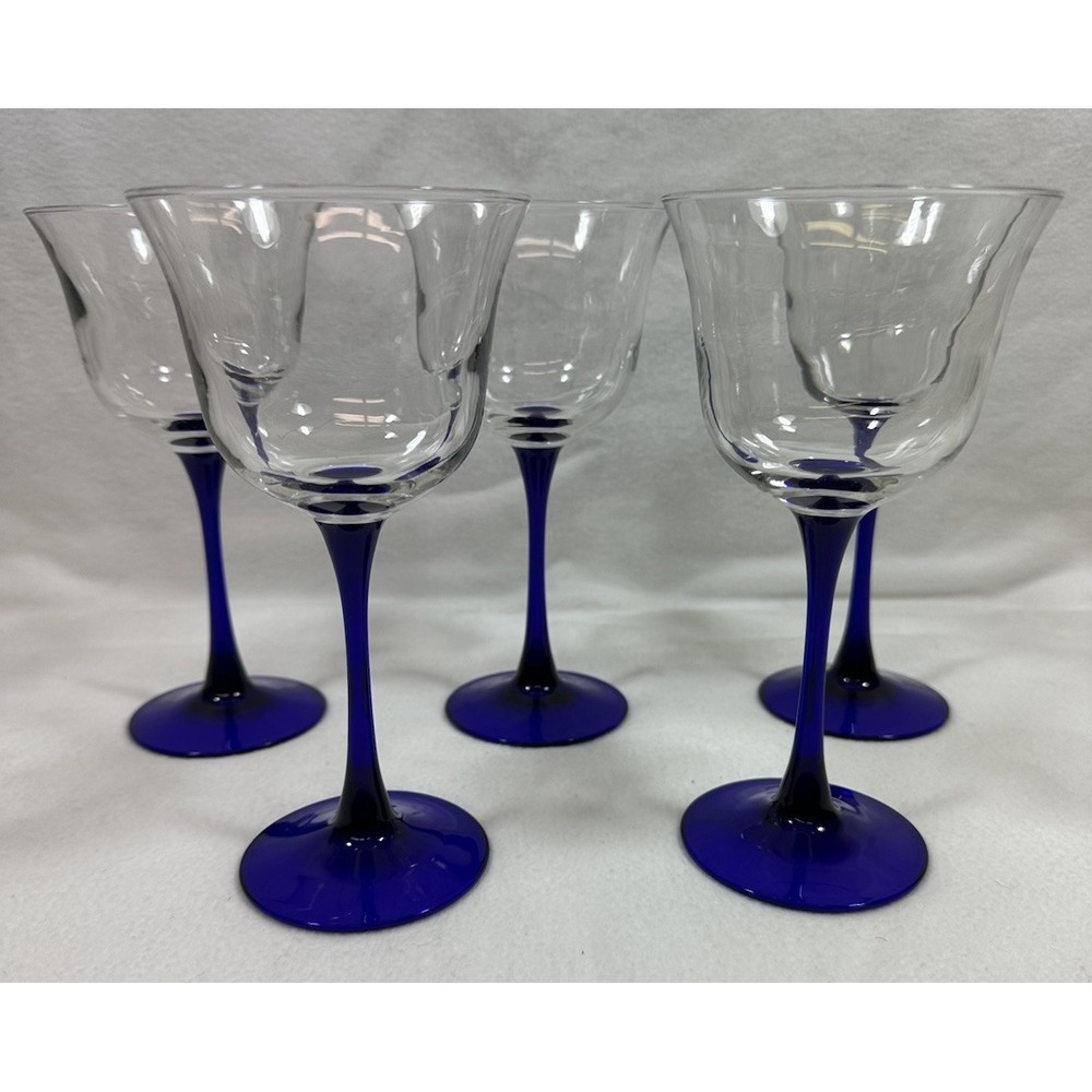 Cristal D'Arques Americana Cobalt Blue Stem Wine Glasses Clear Tulip 7" Set Of 5